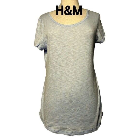 H&M L.O.G.G.  Relaxed Fit Cap Sleeve Tee Top Large 100% Cotton Sky Blue Comfy - Picture 1 of 5